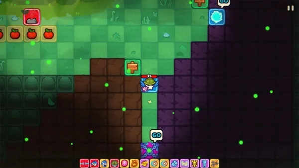 A pixel art style game scene featuring a character with a mushroom hat and a sword, surrounded by various items like apples, a chest, and a crystal. The character is standing on a green platform with a purple background, and there are green dots scattered throughout the scene. The bottom of the screen displays a variety of colorful icons representing different abilities or items.