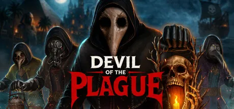 A group of menacing figures in dark, hooded robes with skull masks stand against a backdrop of a moonlit night and a burning ship. The central figure wields a scythe, while others hold weapons like axes and torches. The scene is set in a desolate landscape with twisted trees and a eerie atmosphere. The title "Devil of the Plague" is prominently displayed in bold red letters.