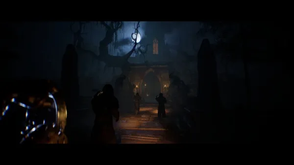 A dark and eerie scene with a full moon casting its glow over a foggy graveyard. A group of shadowy figures, possibly zombies or otherworldly beings, are approaching a large, ancient stone building with arched doorways and windows. The atmosphere is tense and foreboding, with twisted trees and tombstones adding to the horror aesthetic. The image has a low-light setting with a focus on the moonlight illuminating the scene from behind the figures.