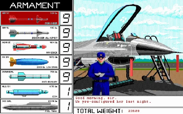 A pixel art scene featuring a military aircraft with its cockpit open, a pilot in blue uniform standing beside it, and various weapon options listed on the left. The weapons include AGM-65 Maverick, AIM-9 Sidewinder, AGM-88 HARM, AGM-114 Hellfire, MK 84 bomb, Durandal, ALG 131, and 300 GAL fuel tank. The total weight is displayed as 23509 lbs. A dialogue box reads "Good morning, sir. We pre-configured her last night."
