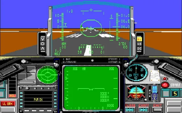 A vintage video game cockpit view, featuring a heads-up display with targeting reticles and numerical data, alongside a detailed instrument panel with dials, switches, and gauges. The scene is set against a simple runway environment, evoking the classic aesthetic of early 90s flight simulators.