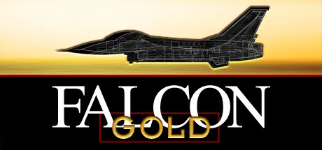 A sleek, black fighter jet soaring through a golden sky. The aircraft is depicted in a detailed line drawing style, emphasizing its aerodynamic design and advanced technology. Below the jet, bold white letters spell out "FALCON" with "GOLD" written underneath in striking gold lettering against a contrasting black background. The overall composition conveys a sense of speed, power, and luxury.
