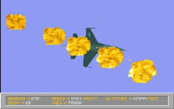 A pixel art fighter jet flying through a blue sky, firing yellow explosions. The jet is dark green with a white star on the wing. The scene includes a heads-up display showing heading at 275 degrees, speed at 0431 knots, altitude at 0784 feet, zoom at 03, and view set to track.