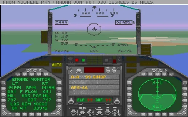 A pixelated cockpit view of a fighter jet, featuring radar contact at 030 degrees and 25 miles. The heads-up display shows various flight data including altitude, speed, and heading. Instrument panels with green digital readouts for engine status, fuel flow, and other critical information. A targeting reticle on the right side of the screen. The scene is set against a backdrop of a landscape with water and land.