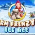 A vibrant and colorful game cover for "Farm Frenzy 3: Ice Age" featuring a red-haired woman with a sheep, set against a snowy landscape with various farm animals and buildings. The title is prominently displayed in bold, playful lettering.