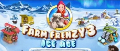 A vibrant and colorful game cover for "Farm Frenzy 3: Ice Age" featuring a red-haired woman with a sheep, set against a snowy landscape with various farm animals and buildings. The title is prominently displayed in bold, playful lettering.