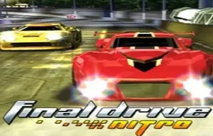 A high-speed racing game scene featuring two cars, one red and one yellow, on a track with the title "Final Drive Nitro" in bold letters. The image captures the intensity of the race with dynamic lighting effects and motion blur to convey speed.