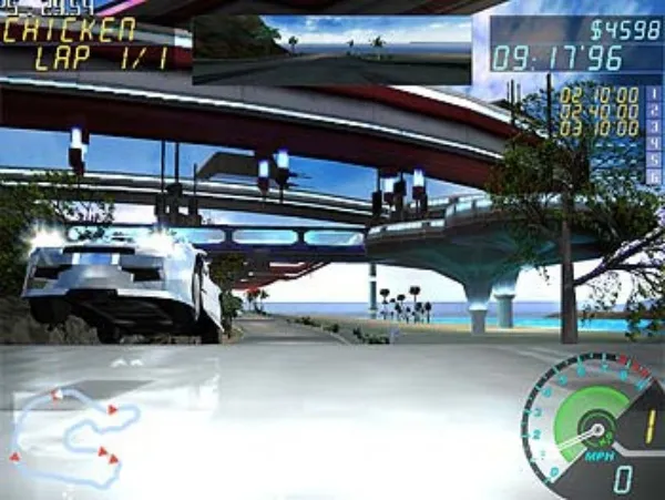 A futuristic racing game scene with a car on a track, featuring a speedometer and lap counter. The environment includes a bridge, trees, and a beach. HUD elements display currency, time, and other in-game stats.