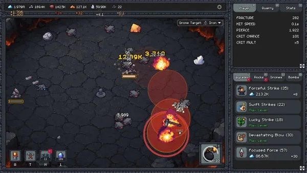 A screenshot of a strategy video game interface, showing a top-down view of a battlefield with various units and structures. The player's resources are displayed at the top left corner, including energy, minerals, and food. A mini-map is present in the bottom right corner, along with a sidebar detailing unit information such as "Drone," "Forceful Strike," and "Suff Stripes." The player has 388 points, and there are several buildings and units on the map, some of which are highlighted by red circles indicating damage or attacks.