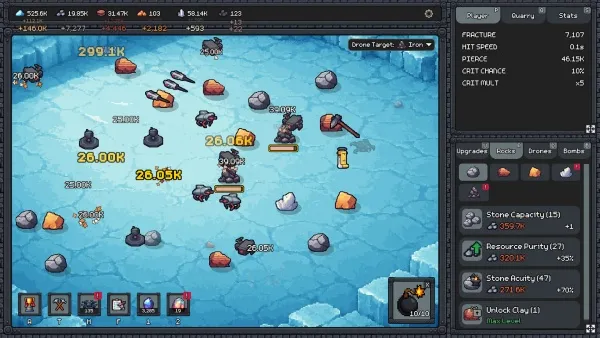 A screenshot of a strategy video game interface, showing various resources like stone and iron scattered across an icy terrain. The player's units are engaged in combat with enemy units, with health points displayed for each unit. The right side of the screen features a menu with options to upgrade buildings or units, along with their respective levels and resource costs. The top left corner displays the player's current resources and currency.
