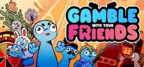 A group of cartoon characters, including a blue character with glasses and a rabbit wearing sunglasses, are playing casino games. The background features slot machines, money, and other gambling elements. The text "GAMBLE WITH YOUR FRIENDS" is prominently displayed in the center. 