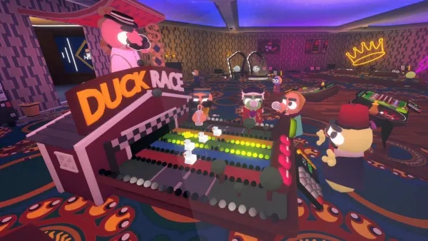 A lively and colorful virtual reality scene featuring animated characters in a casino setting. The room is filled with vibrant neon lights, including a prominent crown sign on the wall. Characters are engaged in various activities such as playing duck racing games, standing around socializing, and interacting with each other. The floor has a patterned carpet with bright colors, and there's a large screen displaying the game. The atmosphere is energetic and playful, with a mix of retro and futuristic elements.