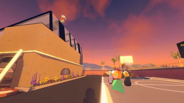 A sunset scene with a group of people walking on a road, a building with purple flowers in front, and mountains in the background. The sky is orange and pink, and there are palm trees along the roadside.