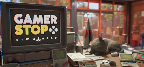 A cluttered desk with a vintage computer monitor displaying "Gamer Stop Simulator" in bold, colorful letters. The scene includes retro gaming consoles like the Nintendo Entertainment System and Game Boy, along with various other electronic devices such as a calculator and a walkie-talkie. A cat is lounging on the desk, adding to the nostalgic atmosphere of the room filled with old technology and gaming paraphernalia. Large windows reveal an urban landscape outside.