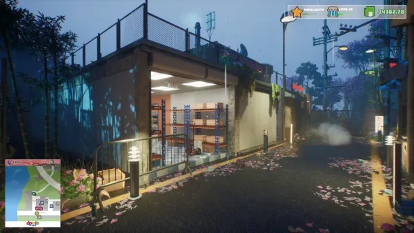 A nighttime scene in a video game, featuring an abandoned building with a lit interior and a street view. The environment is dark with streetlights casting shadows on the ground. There are power lines and trees visible in the background. A map overlay is present in the bottom left corner of the screen.