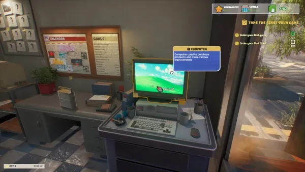 A virtual office space with a computer on a desk, displaying a Windows XP desktop. The room has a window showing an outdoor scene, and there are various items like a calendar, a plant, and some papers on the desk. The task is to complete a mission involving purchasing a product and viewing manuals.