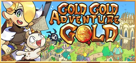 A vibrant and whimsical scene featuring a blonde-haired character with a cat, set against a backdrop of a fantastical town. The title "Gold Gold Adventure" is prominently displayed in bold, golden letters with a treasure chest motif. The image exudes a sense of adventure and excitement, with bright colors and playful elements.