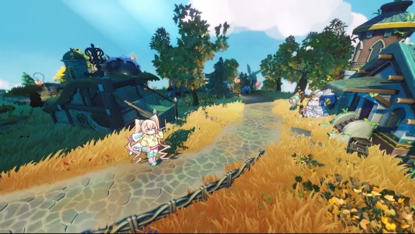 A whimsical, cartoon-style scene featuring two characters walking down a cobblestone path in a fantastical village. The environment is vibrant with lush greenery and colorful buildings under a bright blue sky. The characters are dressed in playful outfits, adding to the enchanting atmosphere of this magical world.