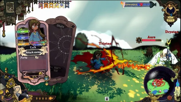 A fantasy game scene with a character selection screen on the left, showing health and mana bars. The main character is casting a spell in the center of the screen, while other characters are present in the background. The environment features lush greenery and a bright sky.