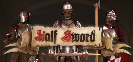 "Medieval knights in full armor, holding a banner with 'Half Sword' written on it. The scene is set against a dark background, highlighting the metallic sheen of their suits and the intricate details of their helmets."