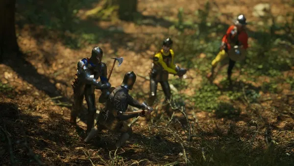 medieval knights in armor, engaged in a forest battle scene with swords and shields. The setting is a dense woodland with sunlight filtering through the trees onto the ground. 