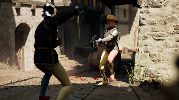 A medieval scene with two individuals engaged in a sword fight. One is clad in blue and yellow, while the other wears brown and beige. They are surrounded by stone buildings and barrels, with red flowers scattered on the ground. The setting suggests an old town or village.