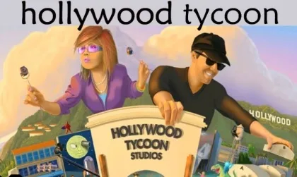 A man and a woman are enjoying their time in Hollywood. The man is wearing sunglasses, a black hat, and a black shirt while the woman has purple hair and wears a purple top. They are surrounded by various elements of Hollywood such as buildings, cars, and signs that say "Hollywood Tycoon Studios." The background features a beautiful sunset with mountains and clouds.
