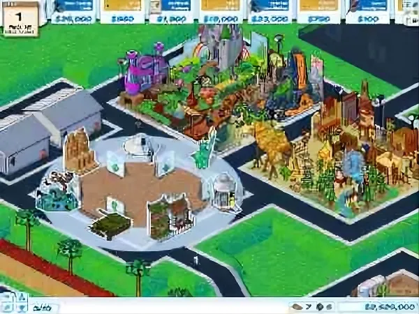 A vibrant, colorful cityscape with various buildings and structures, including a large circular building, a castle-like structure, and other unique architectural designs. The scene is set in a lush green environment with palm trees and other vegetation. The image has a retro video game aesthetic, reminiscent of classic city-building games. The top of the screen displays numerical values and icons, possibly representing resources or currency. 