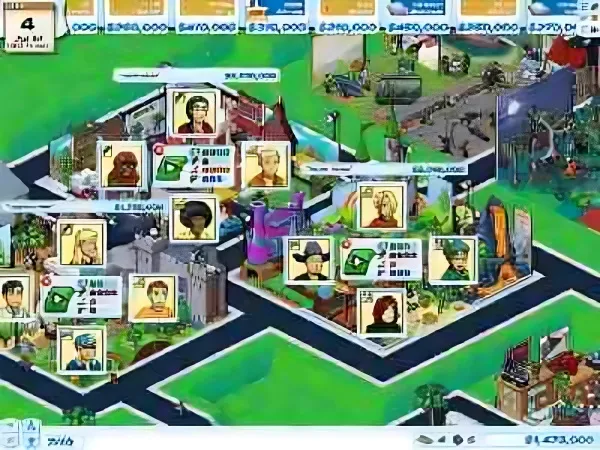 A pixel art cityscape with various buildings, roads, and characters. The scene includes a mix of residential and commercial structures, such as houses, shops, and possibly public facilities. There are multiple avatars or portraits of people scattered throughout the image, each with unique hairstyles and clothing. The environment is vibrant and colorful, featuring green spaces, trees, and other elements that contribute to the lively atmosphere. The overall style is reminiscent of classic video games from the 90s or early 2000s.