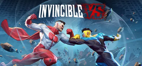 Two superheroes, one in a red suit with a flowing cape and the other in blue and yellow attire, are engaged in an intense battle. The background is a chaotic scene of debris flying through the air, suggesting a high-energy confrontation. The word "INVINCIBLE" is prominently displayed at the top, indicating the title or theme of the image.