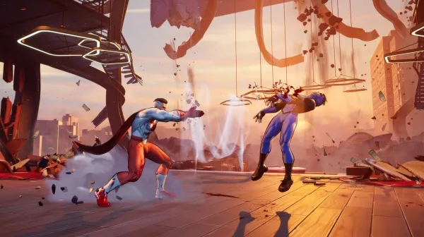 A futuristic cityscape with two characters engaged in a dynamic fight. One character is dressed in red and blue, while the other is in blue. The background features a sunset sky, flying debris, and advanced structures. The scene conveys action and intensity.