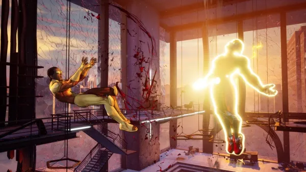 Two superheroes, one in a red suit with a flowing cape and the other in blue and yellow attire, are engaged in an intense battle. The background is a chaotic scene of debris flying through the air, suggesting a high-energy confrontation. The word "INVINCIBLE" is prominently displayed at the top, indicating the title or theme of the image.