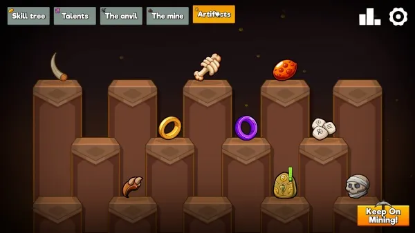 This is a screenshot from a game featuring a grid of brown blocks with various items placed on top, such as a bone, a ring, and an egg. The player's progress or resources are represented by these items. At the top, there are menu options like "Skill tree," "Talents," "The anvil," "The mine," and "Artifacts." A skull icon suggests in-game currency or points. The bottom right corner has a motivational phrase "Keep On Mining!" indicating ongoing gameplay activity.
