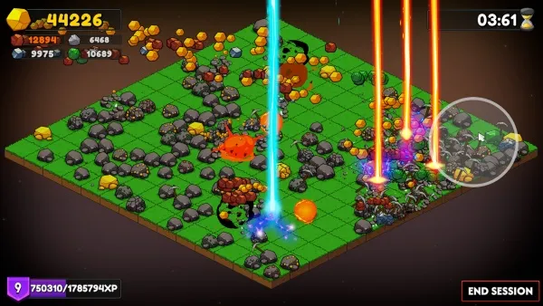 A screenshot from a strategy video game featuring a grid-based battlefield with various units and structures. The player's resources are displayed at the top left, including gold, wood, food, and stone. A timer is shown in the top right corner indicating 3 minutes and 61 seconds remaining. Bright beams of light emanate from the bottom center, possibly representing special abilities or attacks. The player has accumulated 9 experience points out of a total of 1,785,794 XP. An "END SESSION" button is visible at the bottom right.