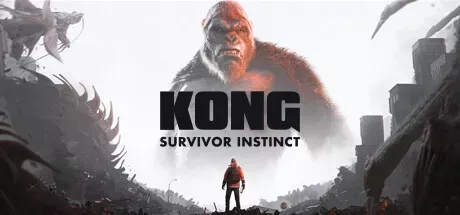 A giant ape, Kong, stands tall amidst the ruins of a city. A lone human figure looks up in awe or fear at the colossal creature. The scene is set against a backdrop of destruction and chaos, with debris scattered across the ground and smoke rising into the sky. The title "KONG: SURVIVOR INSTINCT" is prominently displayed above the characters.

