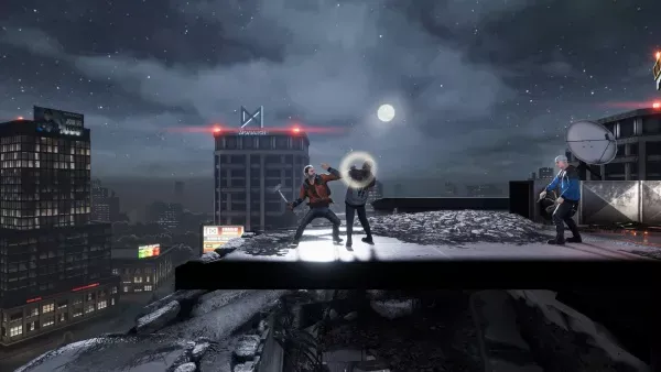 A nighttime cityscape with three characters on a rooftop, one holding a gun and another casting a spell. Snowy tundra-like environment with a full moon in the background, illuminated buildings, and a satellite dish. Dramatic lighting highlighting the characters and their actions.