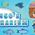 A cartoon girl with brown hair, wearing a blue dress and a straw hat, holding a fishing rod. The background is light blue with various types of fish and sea creatures around her. The text "Mango's Fisharium" is displayed prominently in the center.