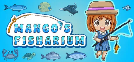 A cartoon girl with brown hair, wearing a blue dress and a straw hat, holding a fishing rod. The background is light blue with various types of fish and sea creatures around her. The text "Mango's Fisharium" is displayed prominently in the center.