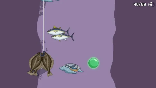 Underwater scene with a fishing line, two fish, a flounder, a turtle, and a green bubble. The background is purple with a white vertical stripe on the left side. The top right corner shows "40/69" and a small icon of a person.