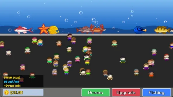 This is a screenshot from a pixel art style game featuring an underwater scene with various characters and sea creatures. The screen displays a variety of colorful, cartoon-like figures scattered across the ocean floor, along with fish, crabs, and other marine life. At the top, there are bubbles floating upwards against a blue sky background. The bottom part shows some text indicating in-game currency and earnings, as well as buttons labeled "Dream," "Upgrade," and "Fishing."