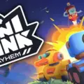 A vibrant and action-packed scene featuring a blue tank with a large cannon, a yellow tank with a smaller turret, and a green tank in the background. The tanks are set against a backdrop of explosions and flying debris, suggesting an intense battle or conflict. A character wearing a red helmet is seen riding on top of one of the tanks, adding to the dynamic nature of the scene. The title "Mini Tank Mayhem" is prominently displayed in bold, stylized lettering at the top left corner, emphasizing the theme of miniaturized warfare. The overall style is cartoonish and exaggerated, typical of arcade-style video games.