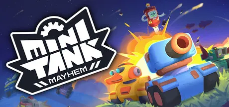 A vibrant and action-packed scene featuring a blue tank with a large cannon, a yellow tank with a smaller turret, and a green tank in the background. The tanks are set against a backdrop of explosions and flying debris, suggesting an intense battle or conflict. A character wearing a red helmet is seen riding on top of one of the tanks, adding to the dynamic nature of the scene. The title "Mini Tank Mayhem" is prominently displayed in bold, stylized lettering at the top left corner, emphasizing the theme of miniaturized warfare. The overall style is cartoonish and exaggerated, typical of arcade-style video games.