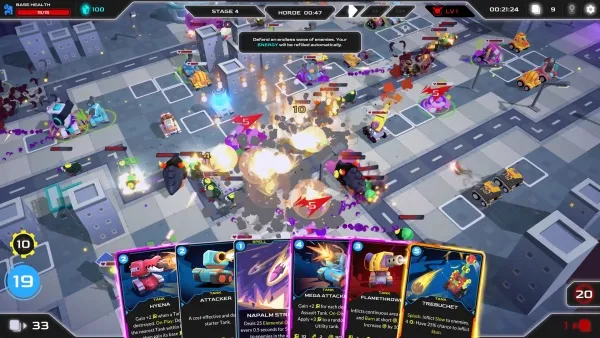 A strategic battle scene from a video game, featuring various characters and units engaged in combat on a futuristic cityscape. The player's health is displayed at the top left corner, while the bottom of the screen shows a selection of cards with abilities such as "Hyena," "Napalm Strike," and "Planetarium." The time remaining for the current stage is shown at the top center, along with other game-related information like resources and level progress. Explosions and special effects add to the intensity of the gameplay.