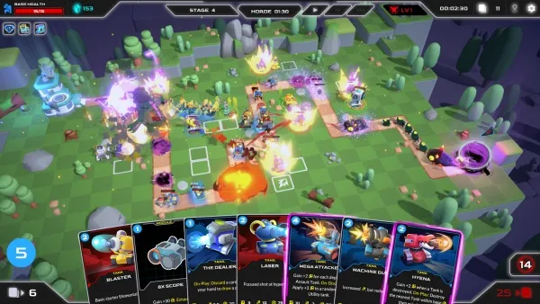 A strategic battle scene from a real-time strategy game, featuring various units and cards with abilities like "Blaster," "The Dealer," "Laser," "Head Attack," and "Machine Gun." The game interface includes health bars, resource counters, and a mini-map. The player's progress is tracked by stages and time limits, while the in-game currency and card deck are also visible. The scene captures the intensity of a multiplayer online battle arena (MOBA) game.