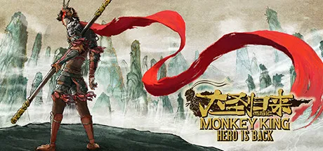 A warrior in traditional Chinese armor stands on a rocky outcrop, holding a long staff with a red tassel. The background features misty mountains and a cloudy sky. The image is titled "Monkey King: Hero Is Back" and includes the text "MONKEY KING HERO IS BACK."
