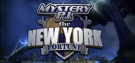 A mysterious and thrilling graphic design featuring a dark blue night sky with city lights, a bridge in the background, and a prominent shield emblem with "MYSTERY P.I." at the top and "THE NEW YORK FORTUNE" below it. The text is styled to look bold and adventurous, suggesting an investigation or treasure hunt theme set in New York City.