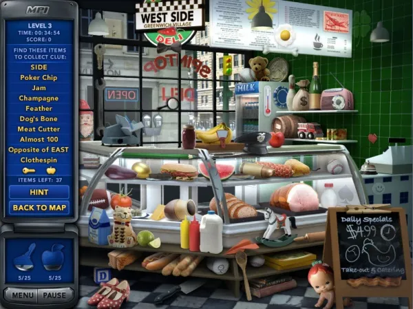 A whimsical, vintage-style diner scene with a variety of eclectic items scattered throughout. The diner features a counter with a glass display case filled with an assortment of food items like bread, meat, and vegetables. There are also various objects such as a teddy bear, a radio, and a milk bottle on the shelves above the counter. A chalkboard sign advertising daily specials is visible in front of the counter. The background includes a window with a view of a cityscape and a sign that reads "West Side Deli." The image has a playful and nostalgic atmosphere, reminiscent of classic American diners from the mid-20th century.