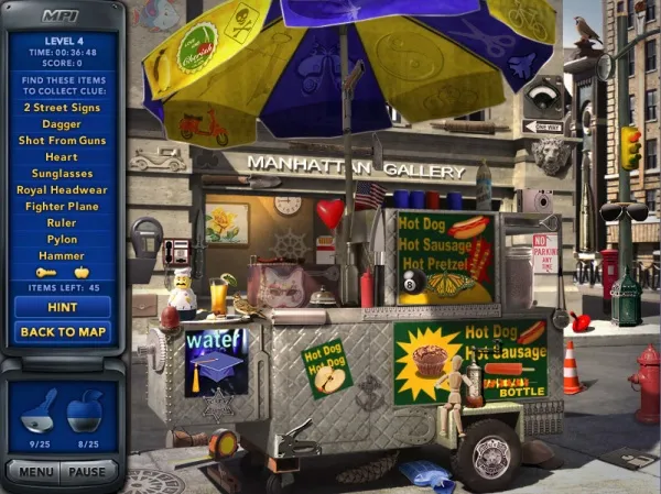 A bustling city street scene with a hot dog stand featuring vibrant signage and a variety of items to collect, including sunglasses, a fighter plane model, and a pylon. The stand is adorned with colorful decorations and offers a selection of food items like hot dogs, sausages, and pretzels. A character in a graduation cap stands nearby, adding to the lively atmosphere. The background includes urban elements such as buildings, traffic lights, and a fire hydrant.