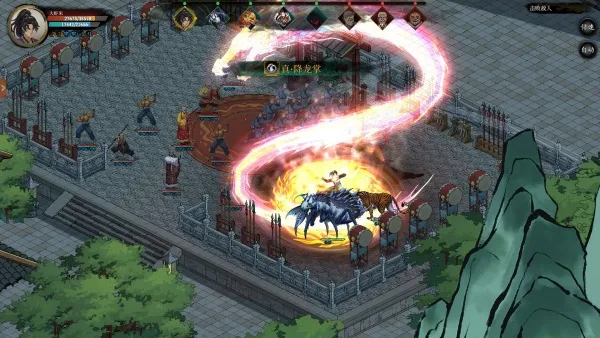 A fantasy game scene with a character casting a powerful spell, surrounded by multiple enemies. The character is in the center of an arena-like setting, with trees and mountains in the background. The character has a blue horse and is using a long staff as a weapon. There are various UI elements around the screen, including health bars, skill icons, and other indicators. The character's name is displayed at the top left corner.
