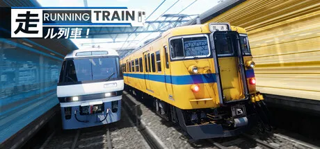 A dynamic scene featuring two trains on parallel tracks, with one train in motion and the other stationary. The moving train is yellow with blue stripes, while the stationary train is white with a blue stripe. The background shows a blurred station platform and glass roof structure, emphasizing speed and movement. The text "Running Train" is prominently displayed at the top left corner.